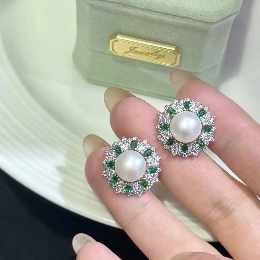 High-End 9.5-10mm Natural White Freshwater Pearls Emerald Sunflower Sutd Earrings for Women High End Freshwater Pearl Earrings
