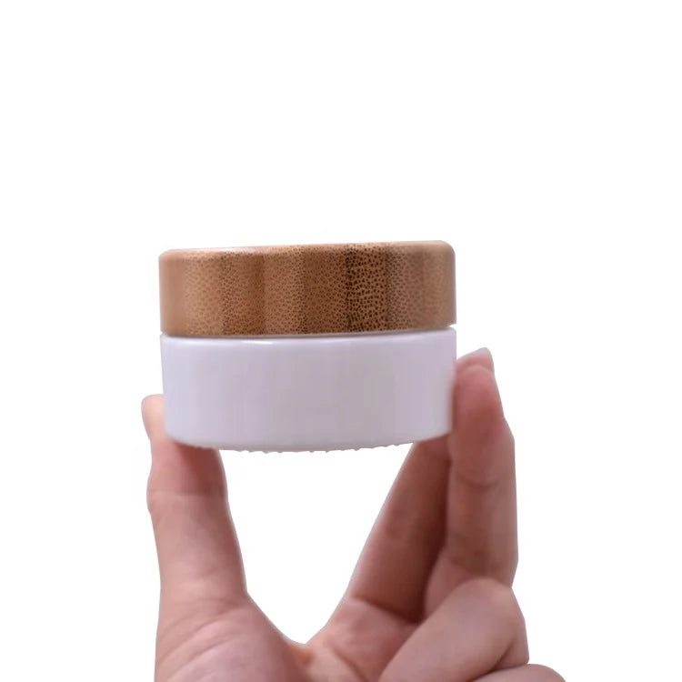 Luxury Custom Eco-Friendly 1oz 30g Opal White Glass Cream Jar with Bamboo Lid Luxury Custom Cosmetic Package