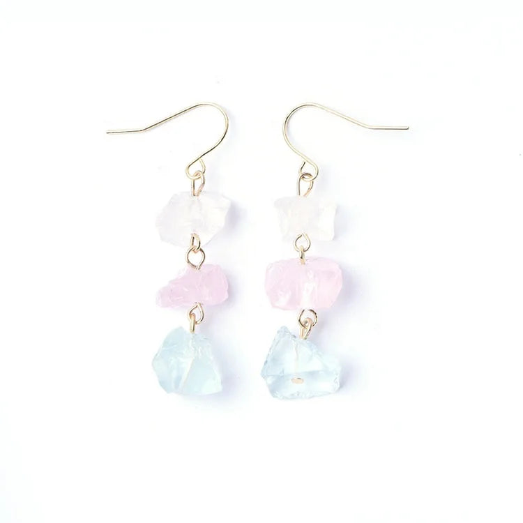 Healing Crystal Long Drop Earring Natural Rose Quartz Earrings Gold Plated Irregular Natural Stone Elegant Earrings for Women