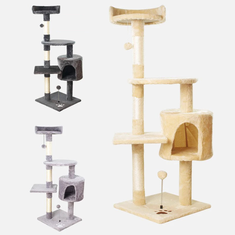 Modern Elegant Wooden Cat Tree & Scratcher House Entertainment Post Tower Platform with Plush Toy for Kittens