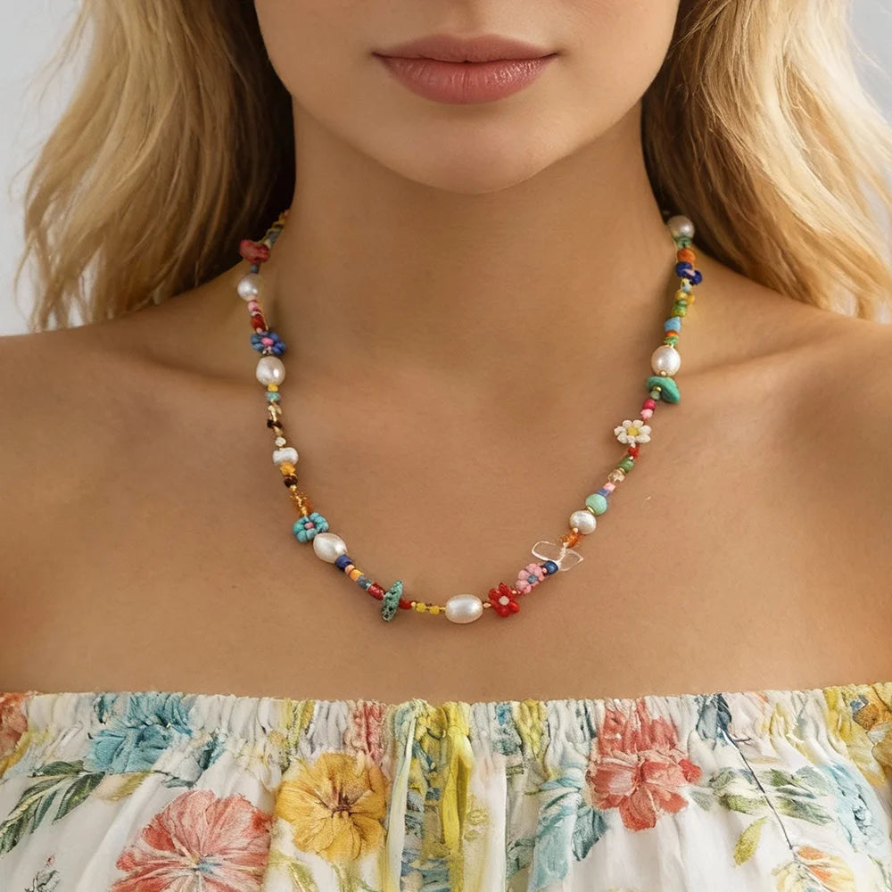 Bohemia Colorful Seed Beads Imitated Pearl Flower Necklace for Women Trendy Lady Crystal Choker Accessories Fashion Jewelry Gift