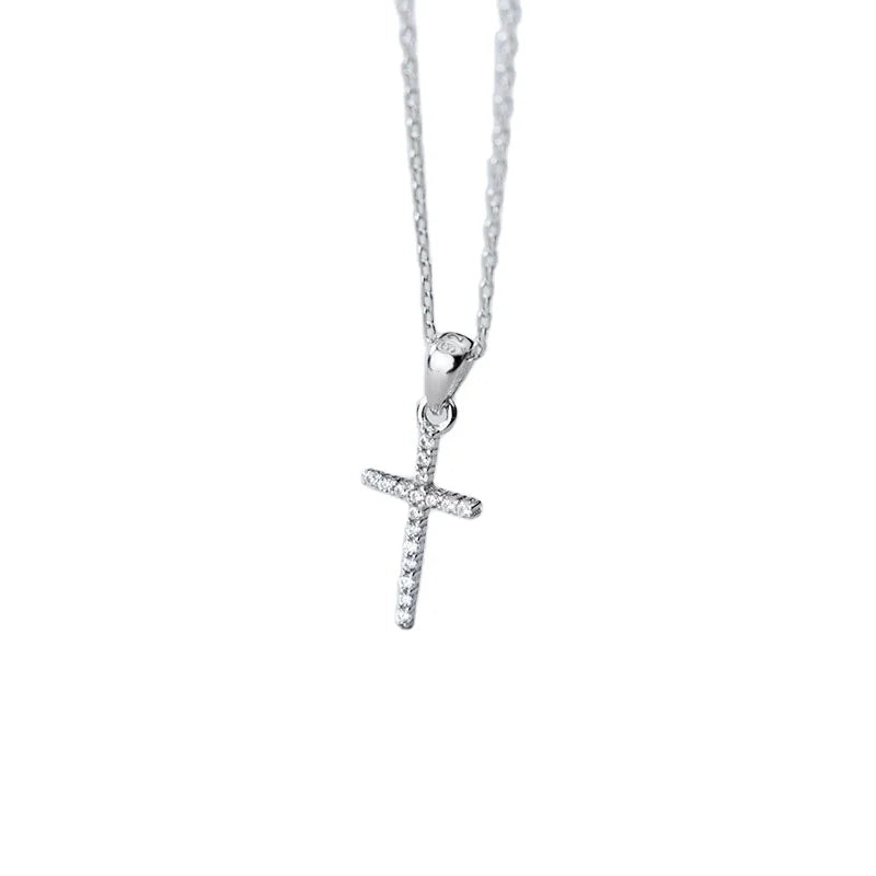 Classic Design S925 Sterling Silver CZ Cross Pendant Choker Necklace Women Girl D5735