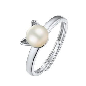 Lovely Cute Animal Cat Ear 925 Sterling Silver 7-8mm White Real Button Pearl Ring