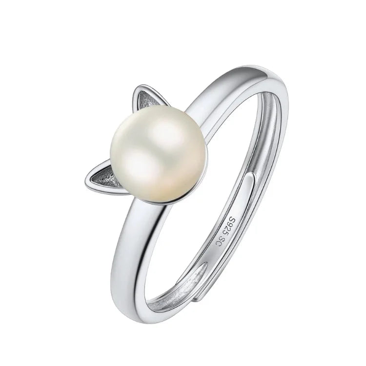 Lovely Cute Animal Cat Ear 925 Sterling Silver 7-8mm White Real Button Pearl Ring