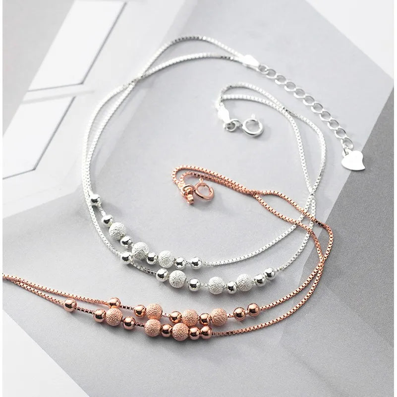 925 Sterling Silver Small Round Bead Anklet Rose Gold Plated Double Layer Chain Anklets Foot Bracelet Fine Jewelry for Women
