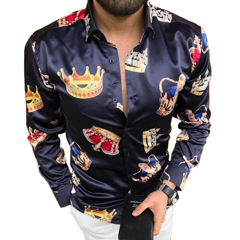 Men's Vintage Long Sleeve Hawaiian Shirt Casual Button-Up Beach Streetwear Work Shirt XL Vintage Dress Digital New