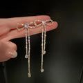 Cute Shiny Full Crystal Rhinestone Bow Tie Shaped Long Tassel Stud Earrings Trendy Jewelry for Women Girls for Weddings Gifts
