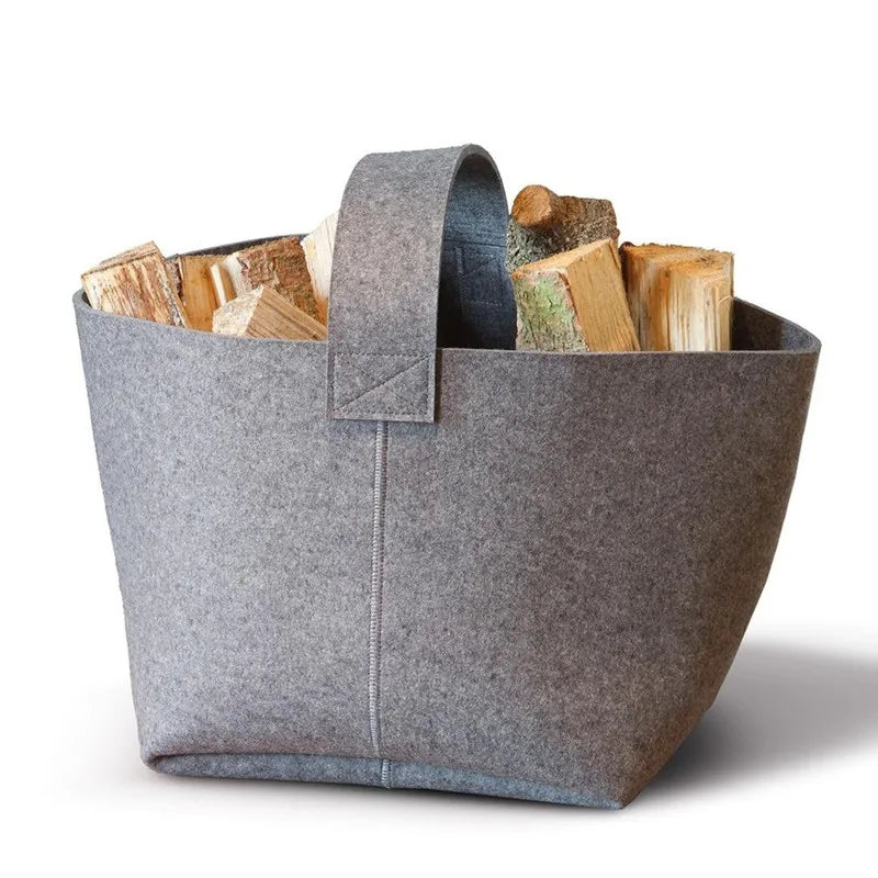 Popular Custom Logo Round Firewood Storage Basket Portable Large Felt Laundry Hamper with Wooden Handle