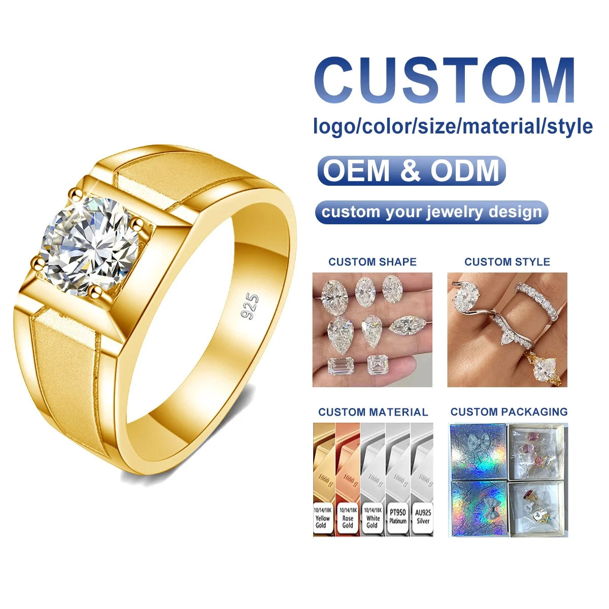 Luxury Fine Jewelry Ring  925 Sterling Silver 2 Carat Engagement Wedding Moissanite Ring Men Gold