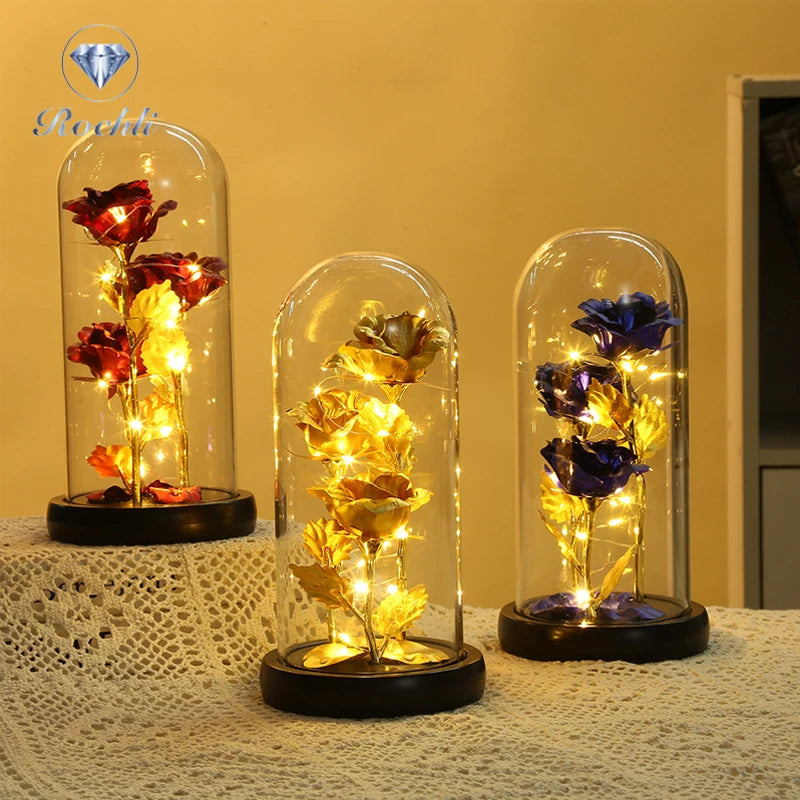 Valentine'S Day Luces De Navidad Artificial 24K Gold Foil Rose Flowers Light in a Glass Dome
