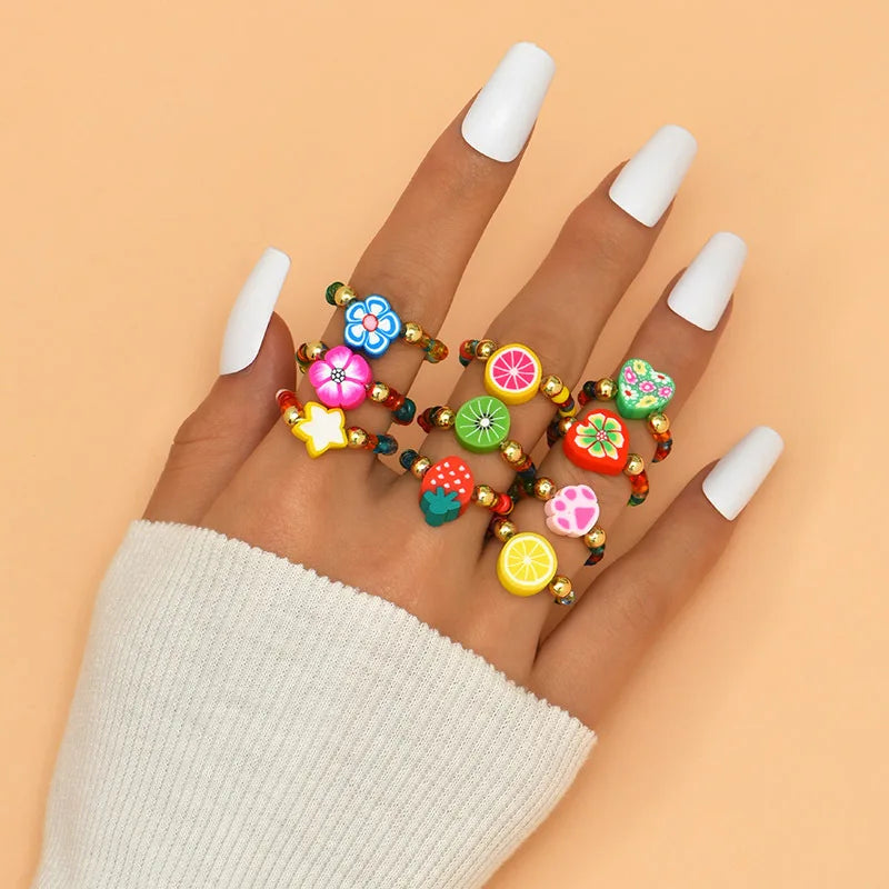 SC Creative Colorful Fruit Polymer Clay Rings Trendy Bohemia Style Flower Korean Rings Simply Handmade Elastic Beads Rings