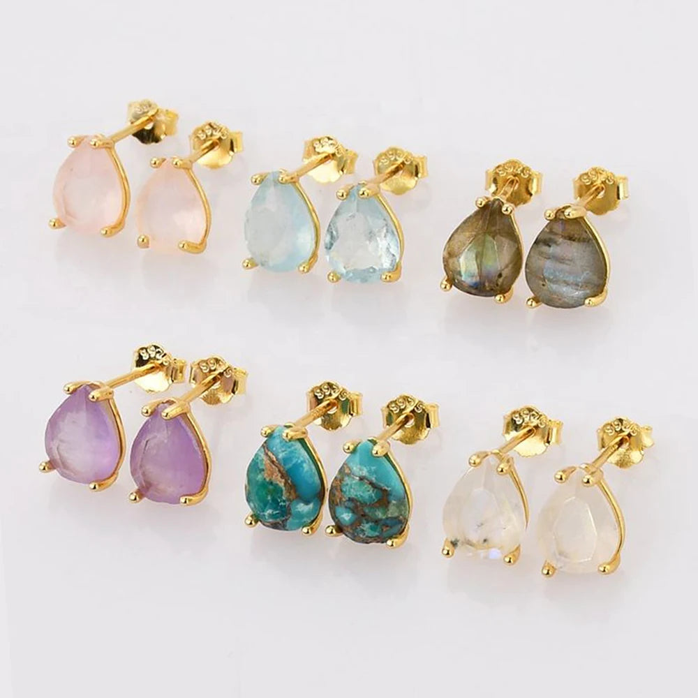 Wholesale Natural Gemstone Aquamarine Stone Jewellery Raw Crystal 925 Sterling Silver Stud Earrings