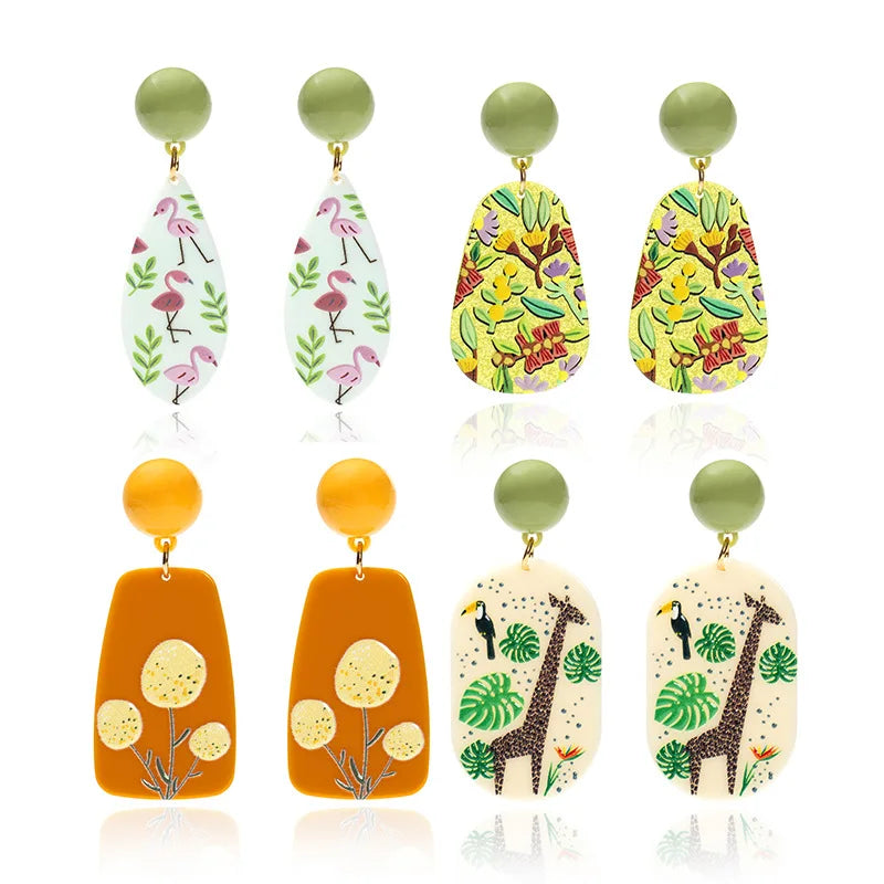 Popular Ladies Earrings Spring Element Colorful Acrylic Pendant Earring Cute Solid Printing Animal Flower Drop Earrings
