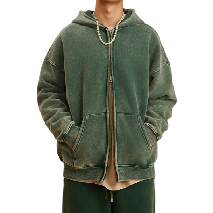 Custom Digital Acid Wash Distressed Vintage Wash Full-Zip Jersey Men's Hoodie Pocket Embroidery 100% Cotton Breathable Quick Dry