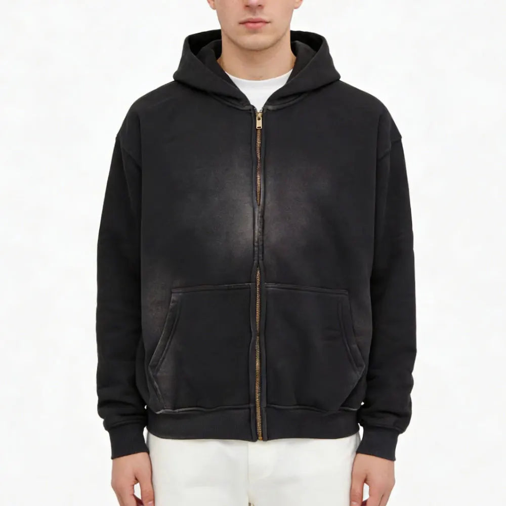 Custom Distressed Jersey Vintage Fade Washed Full Zip up Hoodie for Men