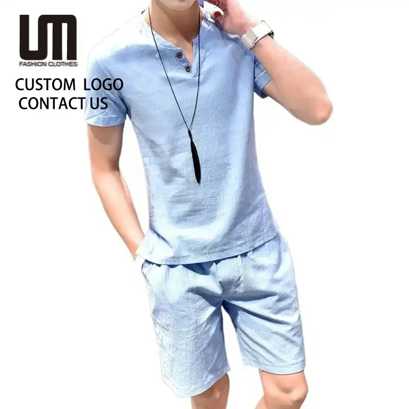 Liu Ming New Arrivals 2025 Summer Men Casual Set Linen Cotton Short Sleeve T Shirt Shorts Suits