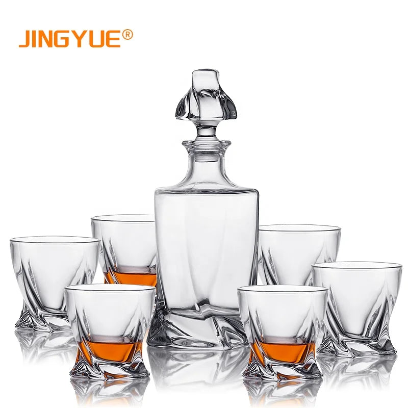 7 Pieces Lead Free Twisted Crystal Liquor Whiskey Decanter Set With 6 Old Fashioned Whisky Glass Cups for Birthday Promotion