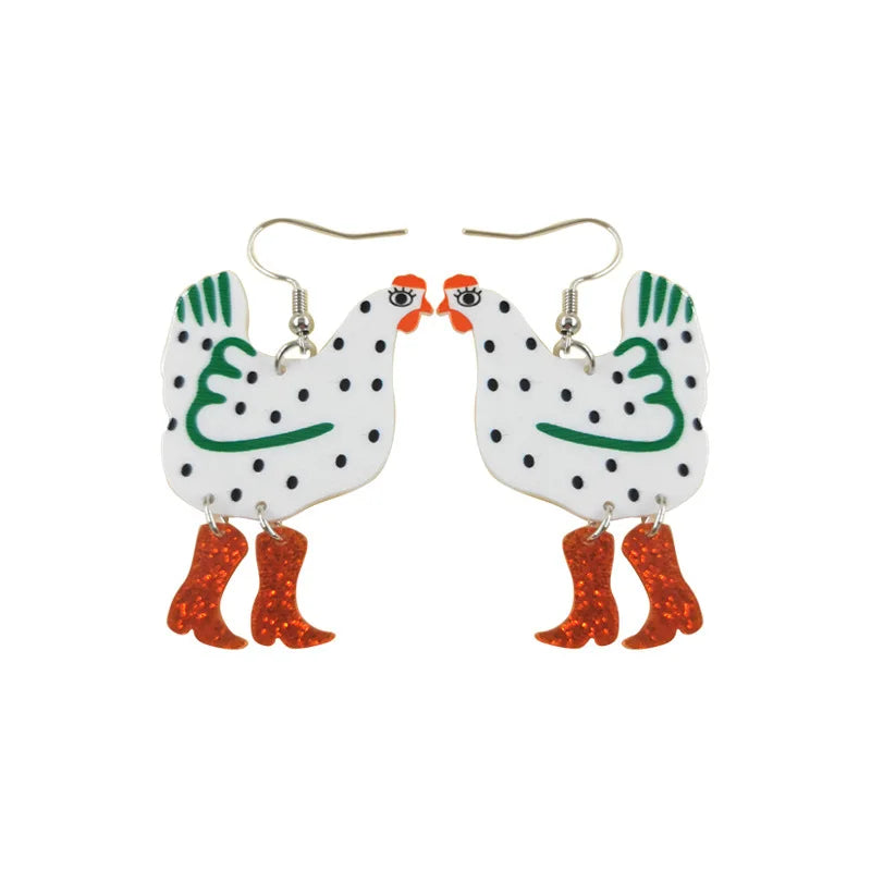 3.5*6.2cm Chicken in Cowboy Boots Earrings for Women Lightweight Printed Acrylic Thanksgiving Rooster Chicken Boot Drop Earring