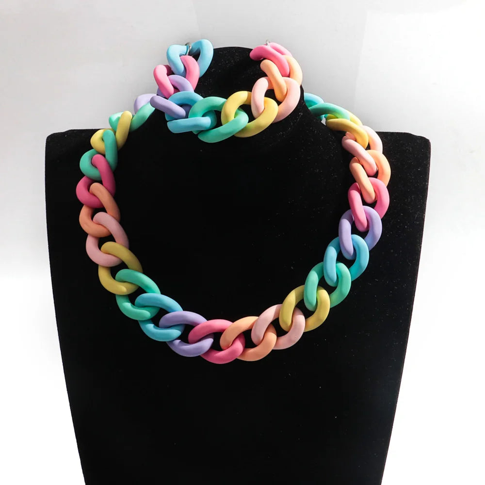 Hot Selling New Candy Color Jewelry Soft Matte Chain Choker Custom Bangle Frosted Link Acrylic Bracelet Necklace Jewelry Set