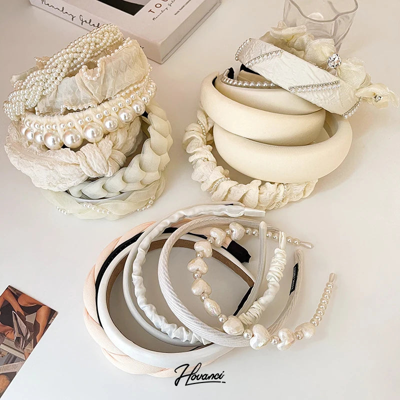 HOVANCI Hair Accessories in Bulk Mixed Wholesale Diamond Encrusted Pearl Gauze Sponge Beige Bridal Hair Accessories Headband