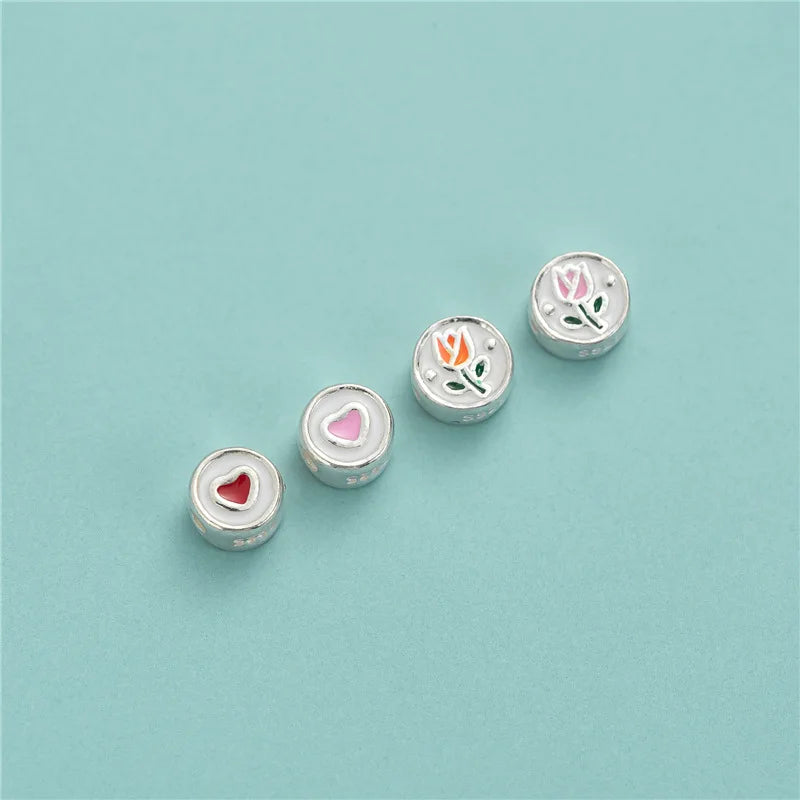 Cute 925 Sterling Silver Enamel Love Heart Tulip Disc Spacer Beads Bracelet Necklace Jewelry Making Supplies Wholesale