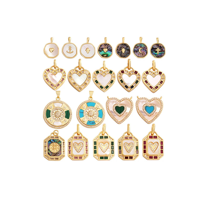 Fashion Personalized Heart Round Rectangle Shell Charm PendantColorful Zircon Jewelry Findings Necklace Accessories Supply L55