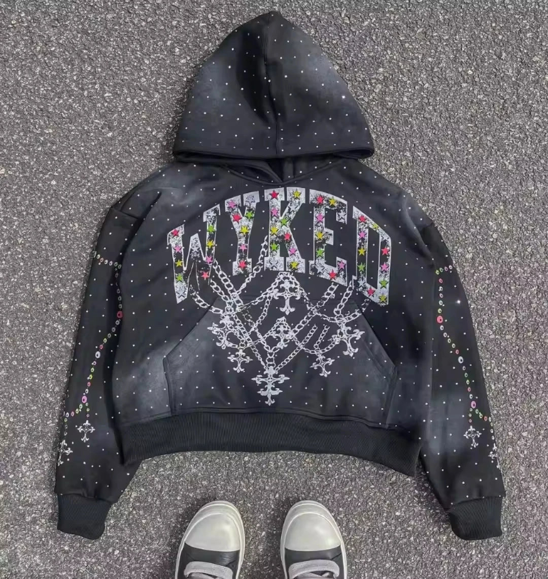 Custom Acid Wash Sun Faded Men Hoodies Vintage Sweatsuits Rhinestone Silk Screen Printed Logo French Terry Regular 100% Autumn