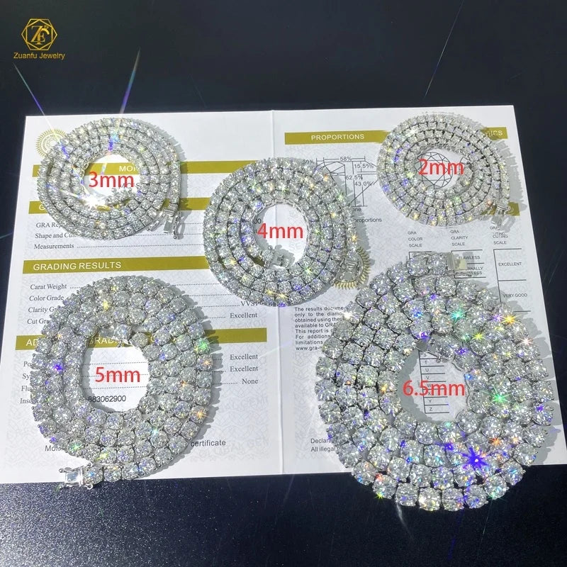 New Arrival Iced Out D Color 2MM 3MM 4MM 5MM 6.5MM VVS Moissanite Diamond  925 Sterling Silver Tennis Chain Necklace for Men