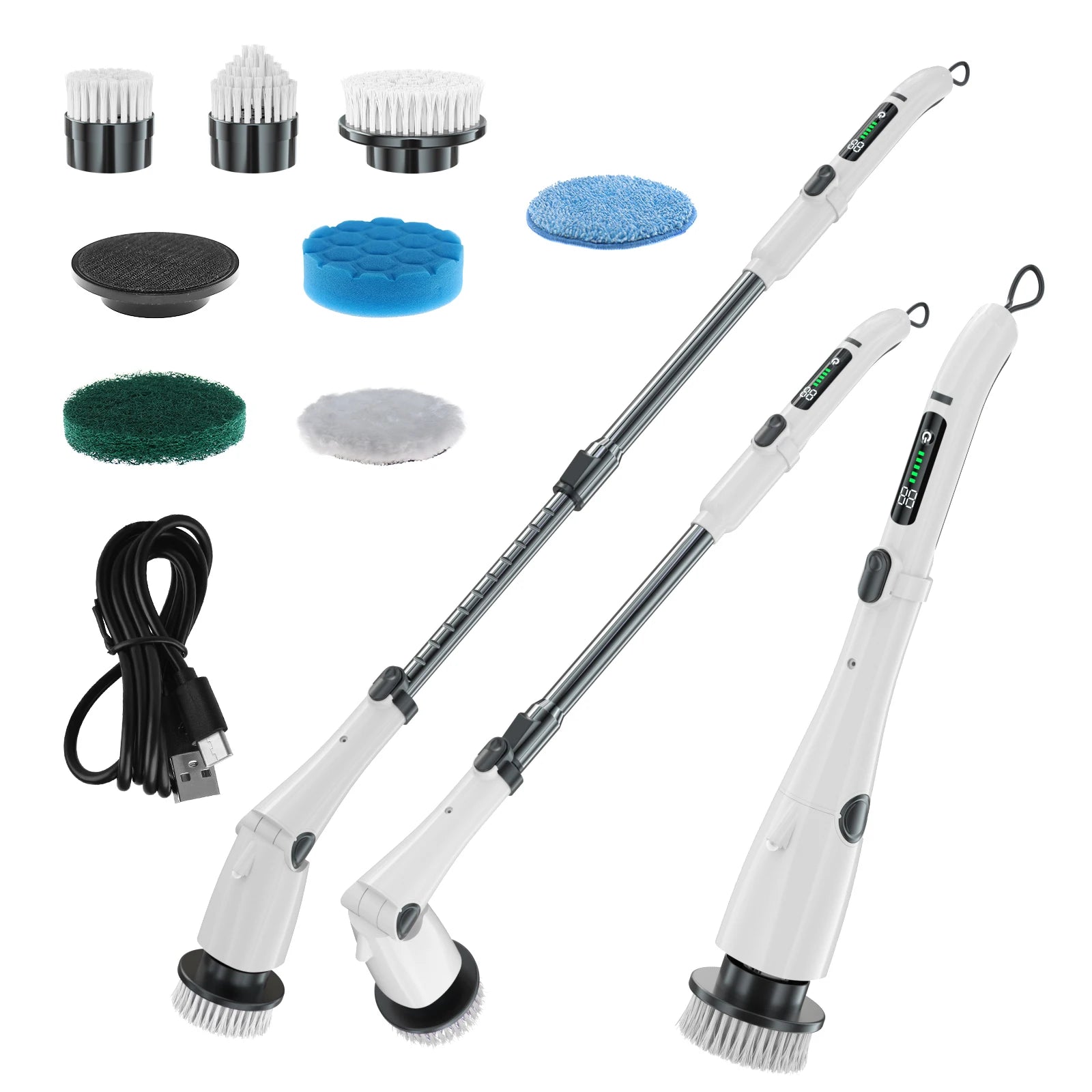 Popular Cordless Cleaning Brush with Flashlight 3 Speeds Long Handle Electric Spin Scrubber 8pcs Heads for Bathtub Floor Tile