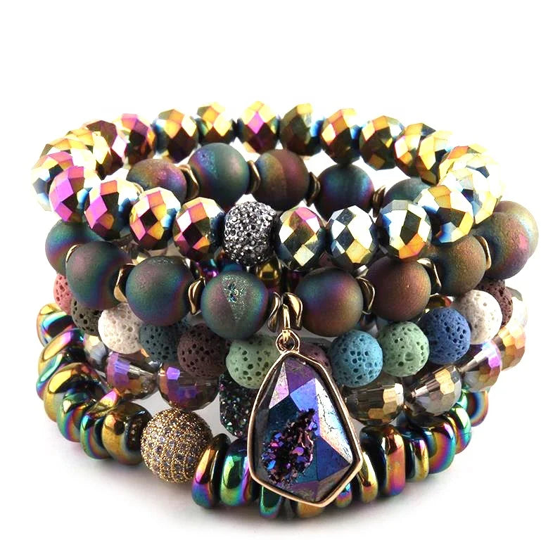 Women Fashion Jewelry Elastic Bracelet Sets Natural Druzy Stone & Magnetic Beads CZ Ball Stretch Charm Stack Bracelet Set