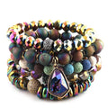 Women Fashion Jewelry Elastic Bracelet Sets Natural Druzy Stone & Magnetic Beads CZ Ball Stretch Charm Stack Bracelet Set