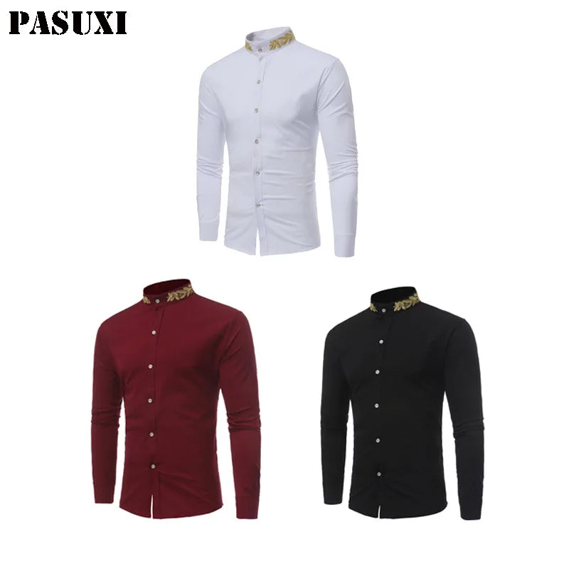 PASUXI New Personality Wheat Ear Embroidery Stand Collar Shirt Autumn and Winter New Men's Long Sleeved Shirt
