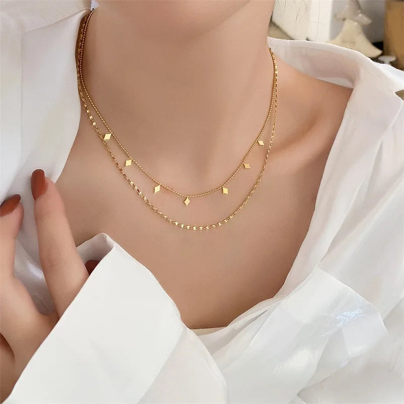 Hot Sale Stainless Steel Jewelry Rhombic Charm Double Layer Tassel Necklace Women Popular Necklace