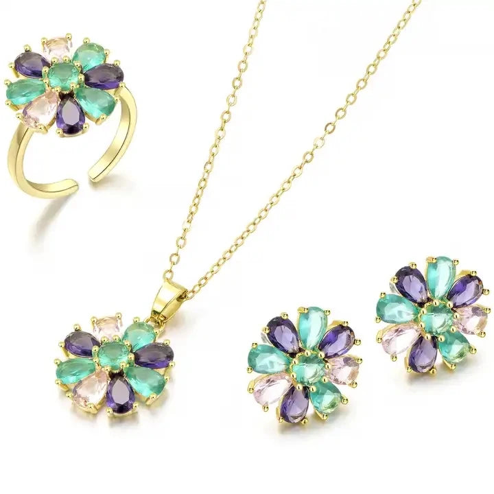 Super Shining Cubic Zircon CZ Flower Jewelry Set 3Pcs Flower Shape Light Blue Diamond Necklace Earrings Ring Set