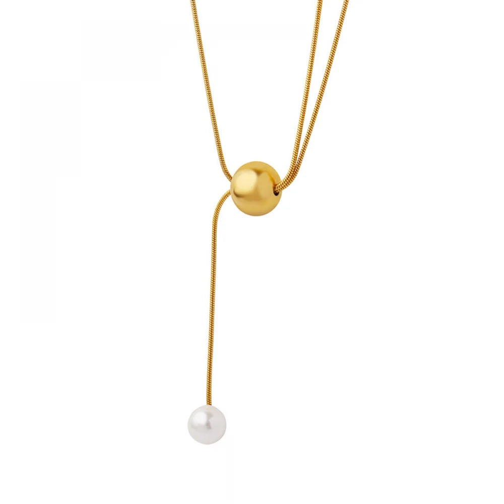 Elegant Trendy Women Waterproof Tarnish Free Jewelry 18K Gold Plated Stainless Steel Beaded Single Imitation Pearl Necklace