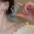 Rhinestone Flower Drop Ear Clip Fashion No Pierced Bling Crystal Long Tassel Pendant Ear Clip for Women