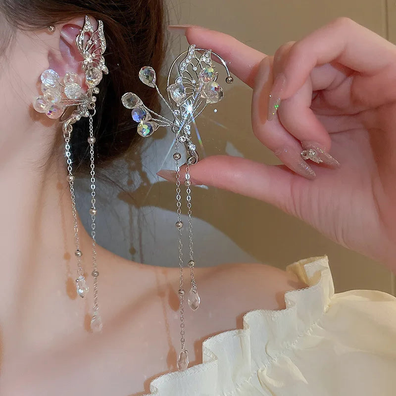 Rhinestone Flower Drop Ear Clip Fashion No Pierced Bling Crystal Long Tassel Pendant Ear Clip for Women