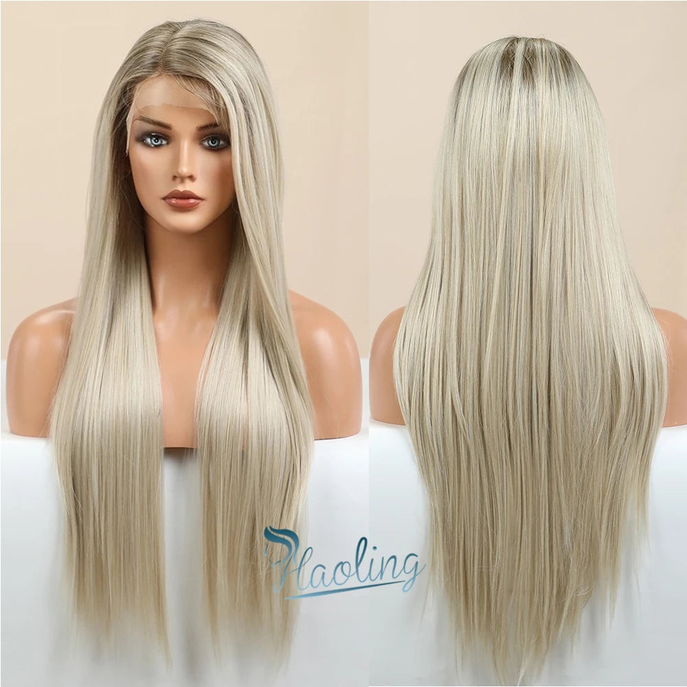 Lace Front Wigs Long Straight Blonde White Hair Synthetic Heat Resistant Transparent Hd Lace Frontal Wig