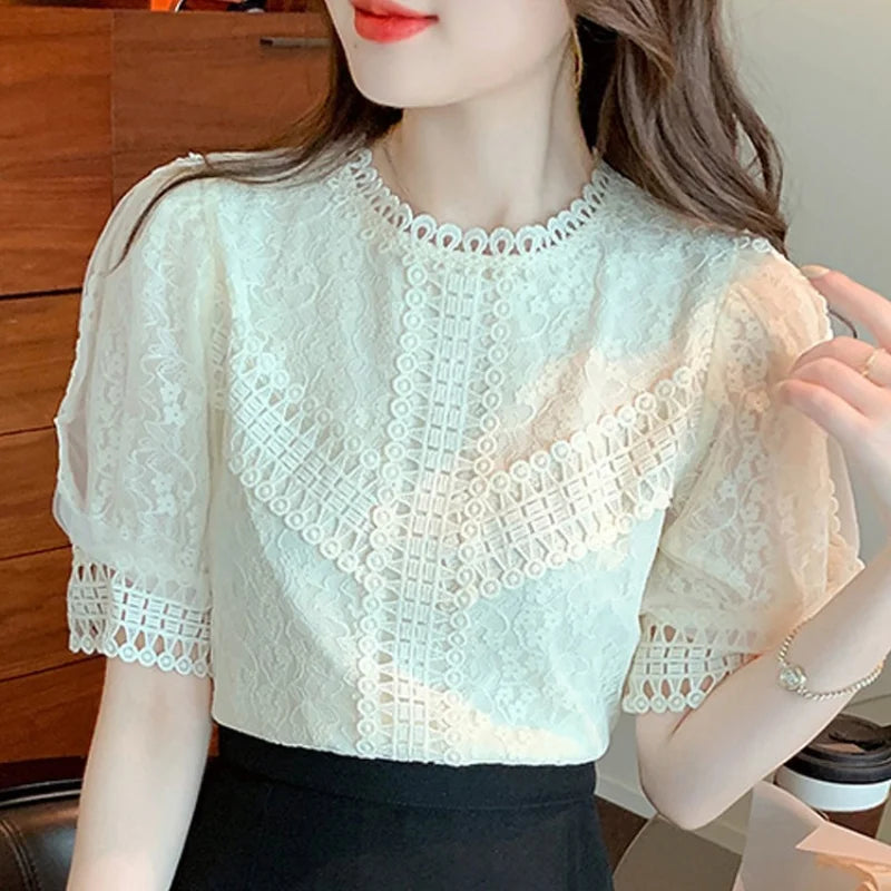 8350# Blusas Mujer De Moda 2026 Verano Elegantes Short Sleeve Women Apricot White Lace Blouse Shirt Women Tops Shirts