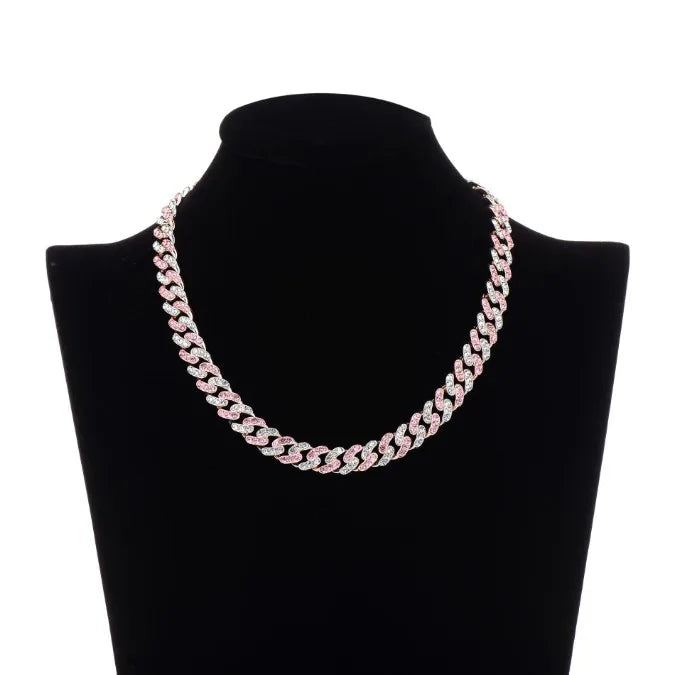 New Hip Hop Street Fashion Popular Pink Silver Color Zircon Crystal Bracelet Necklace Jewelry Gifts