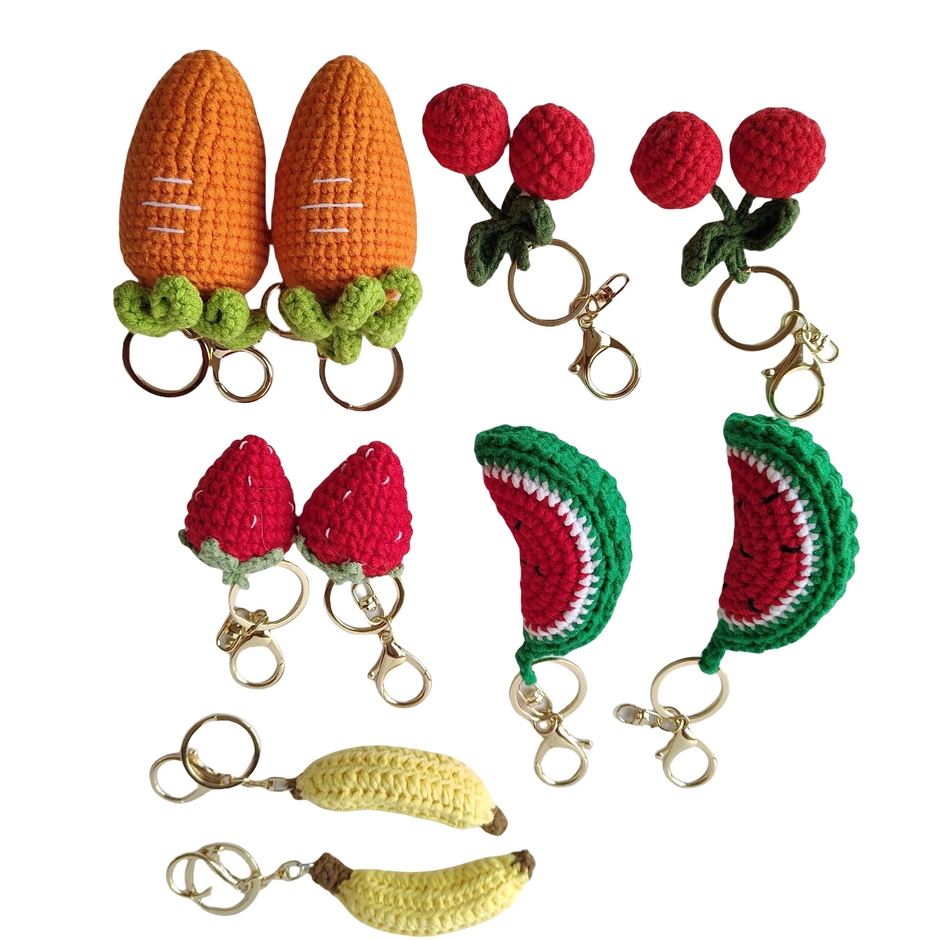 Wholesale Crochet Strawberry Watermelon Cherry Carrot Banana Keychain Knitted Hand-Woven Simulation Food Fruit Crochet Key Chain