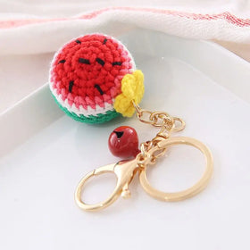 Wholesale Cute Crochet Fruit Keychain Bag Charm Accessories Hand Knitted Kawaii Watermelon Orange Strawberry Fruit Food Keychain