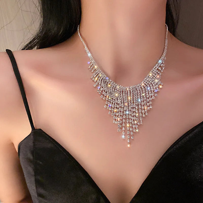 SC Luxury Exaggerated Shinning Rhinestone Crystal Necklace Long Tassel Diamond Zircon Choker Necklaces for Women Wedding Jewelry