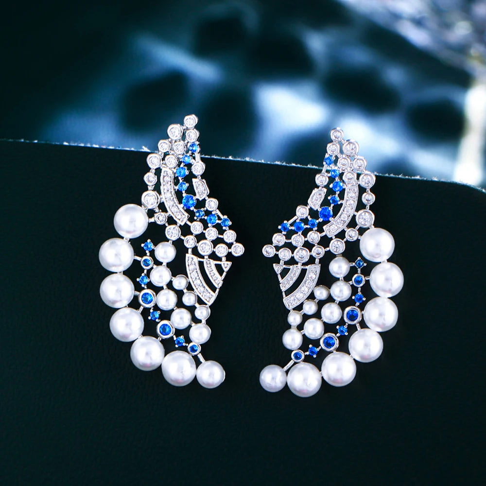 Elegant Symmetrical Wedding Blue Cubic Zircon Stone Geometric Big Pearl Earrings for Women Trendy Daily Party Jewelry Accessory