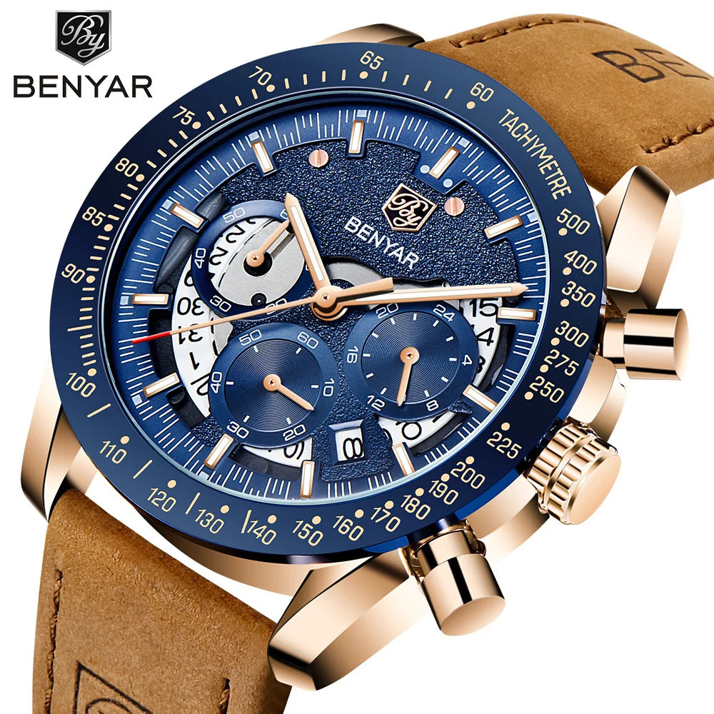 BENYAR Logo Watch 5120 Fashion Blue Genuine Leather Business Watches Men Wrist New Quartz Man Date Clock Relogio Masculino