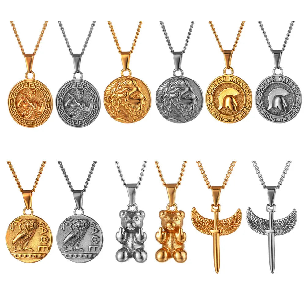 Retro Spartan Warrior Men Necklace 18k Gold Jewelry Tarnish Free Greek Owl Pendant Stainless Steel Angel Wing Sword Necklace