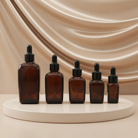 Brown Square Glass Dropper Bottle with Screen Printing for Facial Cleanser & Face Cream 10ml-50ml Sizes