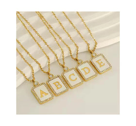 Initial Letter Necklace Square-Shaped With Cubic Zircon Stainless Steel 18K Gold Letter Pendant Necklace for Women Men