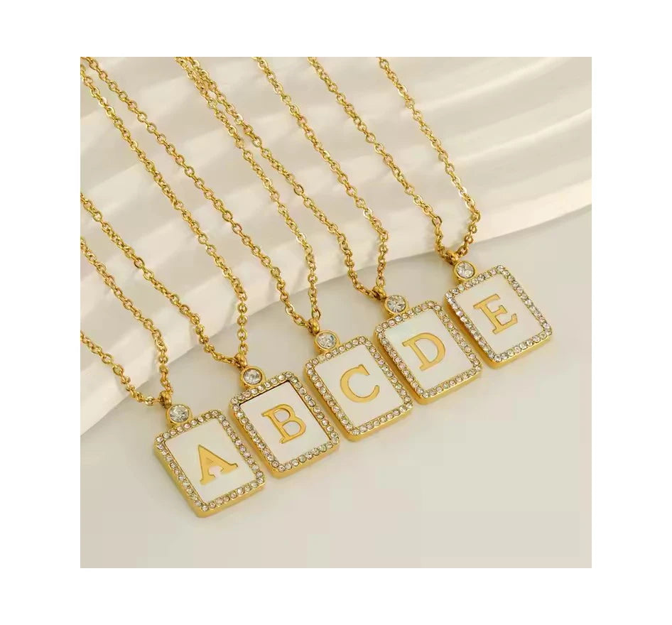 Initial Letter Necklace Square-Shaped With Cubic Zircon Stainless Steel 18K Gold Letter Pendant Necklace for Women Men