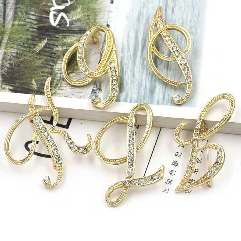 Women's Cute A-Z English Alphabet Metal Pins Silver Gold Crystal Rhinestones Brooch Alloy Jewelry Accessories for Wedding Gift